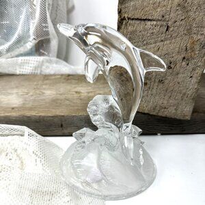 Clear Glass Dolphin Figurine Leaping Over Frosted Waves
